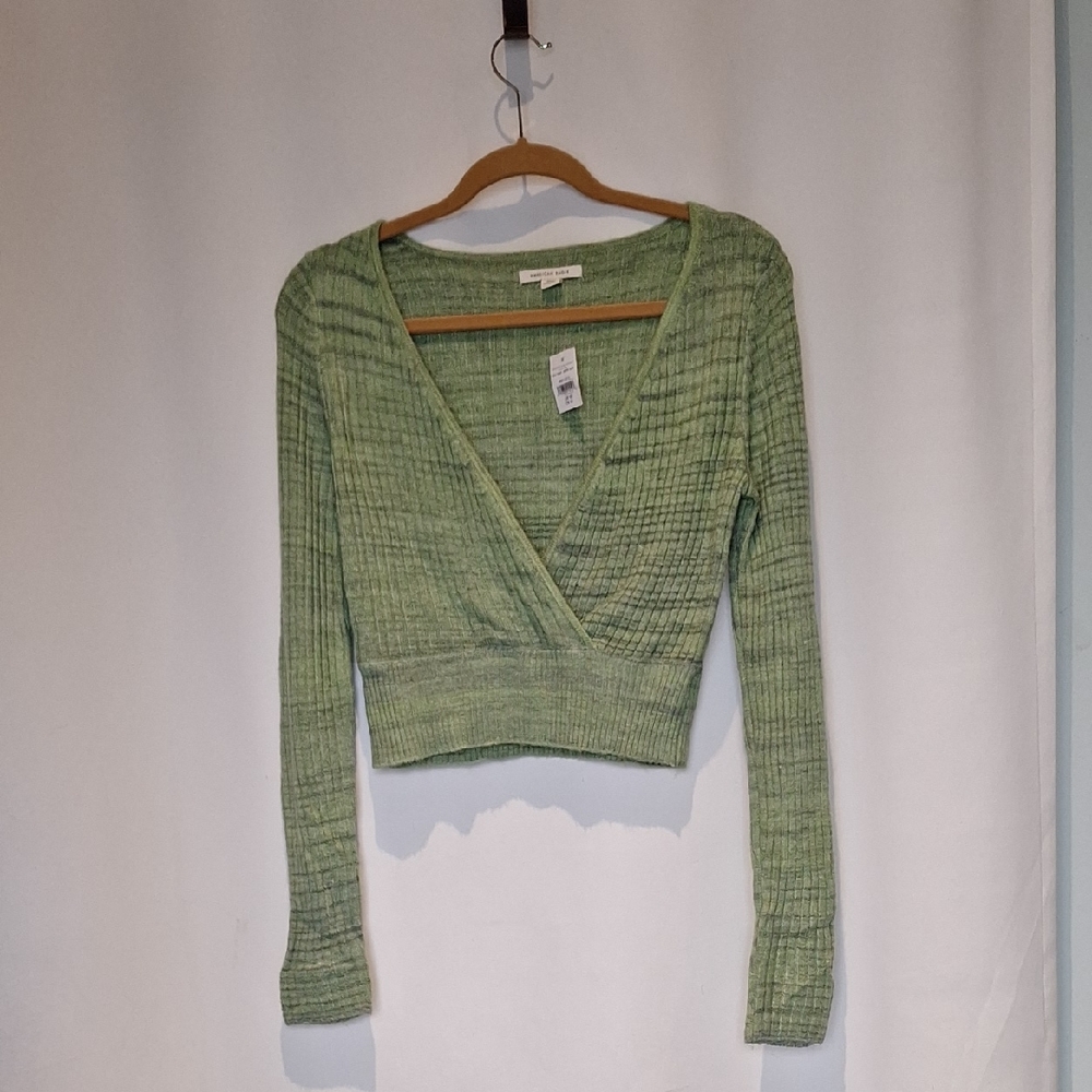 American Eagle Outfitters Green Ribbed V-Neck Faux Wrap Women's Sweater Top
